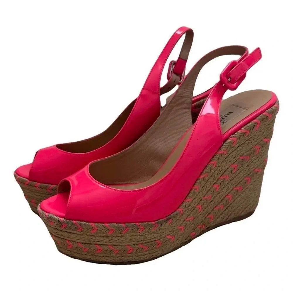 Valentino Garavani Pink Patent Leather Espadrille Wedges Fits Like 6.5